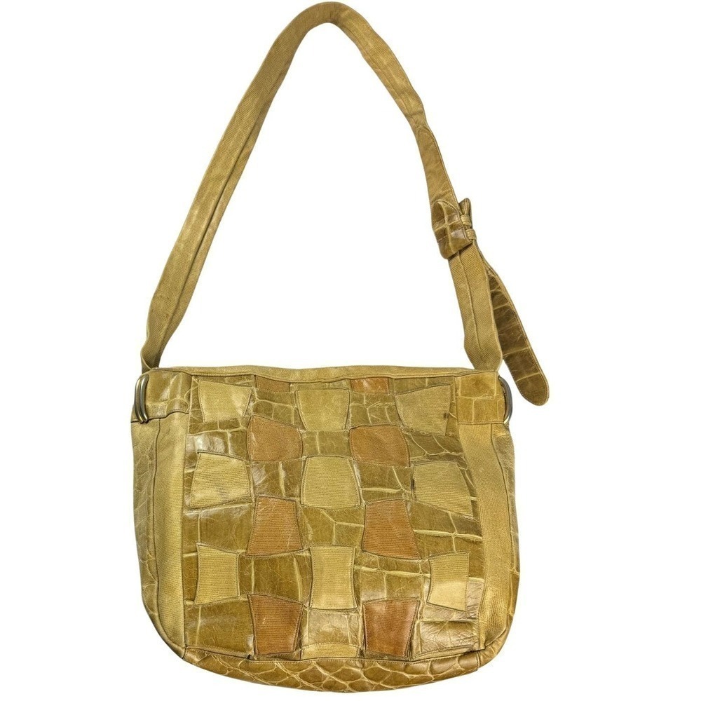 Vintage Sharif Leather Patchwork Croc Pebble Shoulder Crossbody Bag Brown Tan